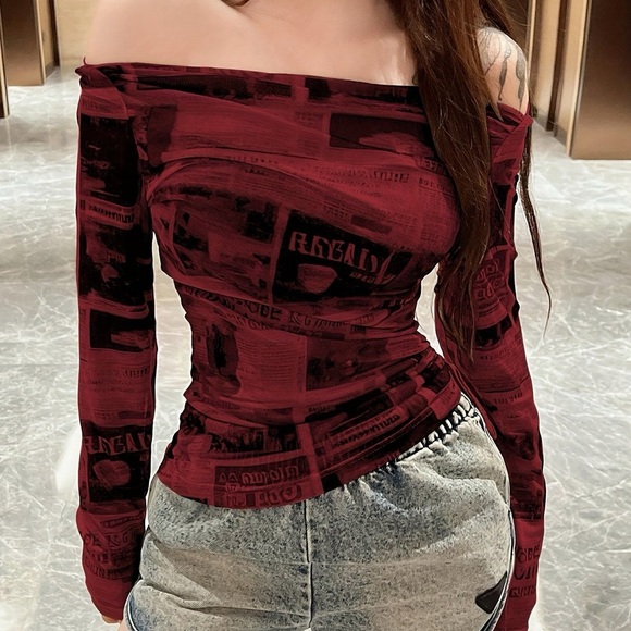 SHEIN Tops - Crimson Red Newspaper Off Shoulder Mesh Top 🔲🖤🥀